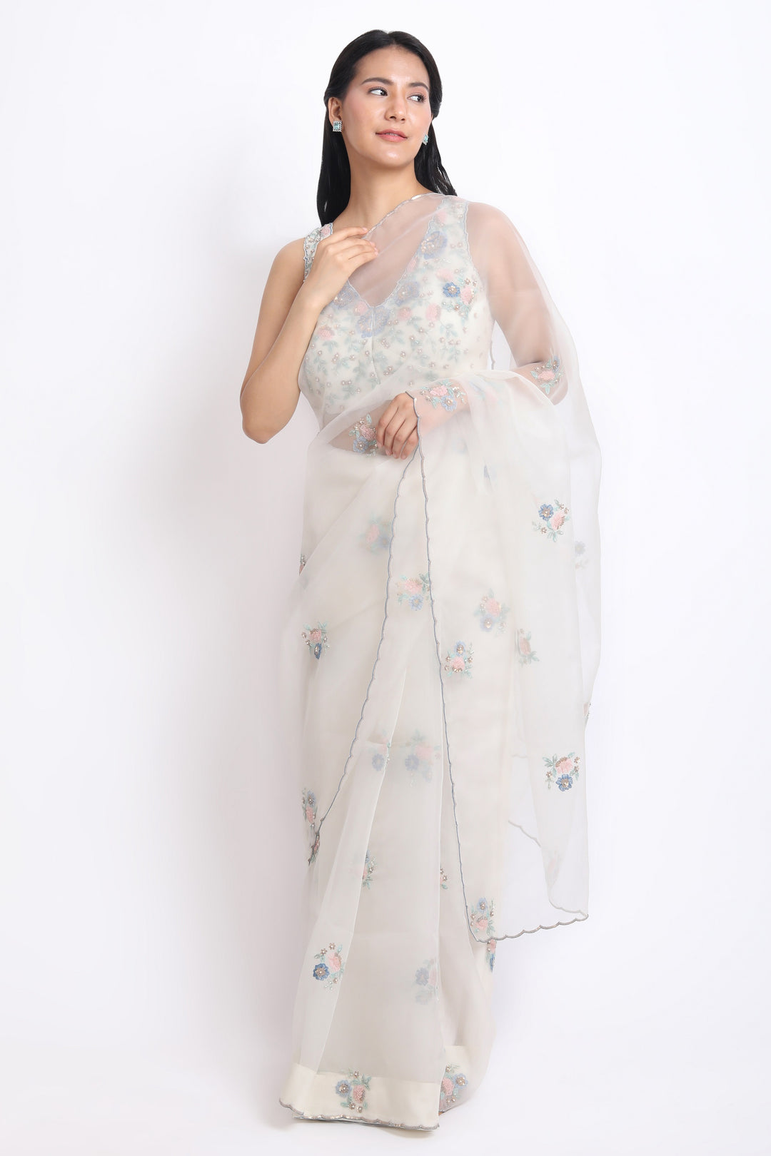Ivory Winter Garden Saree With Georgette Embroidered Blouse