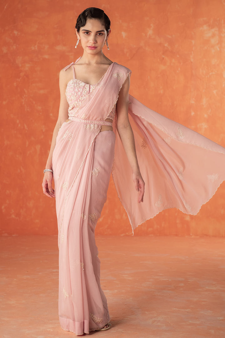Pink Dandelion Chiffon Saree and Georgette Blouse