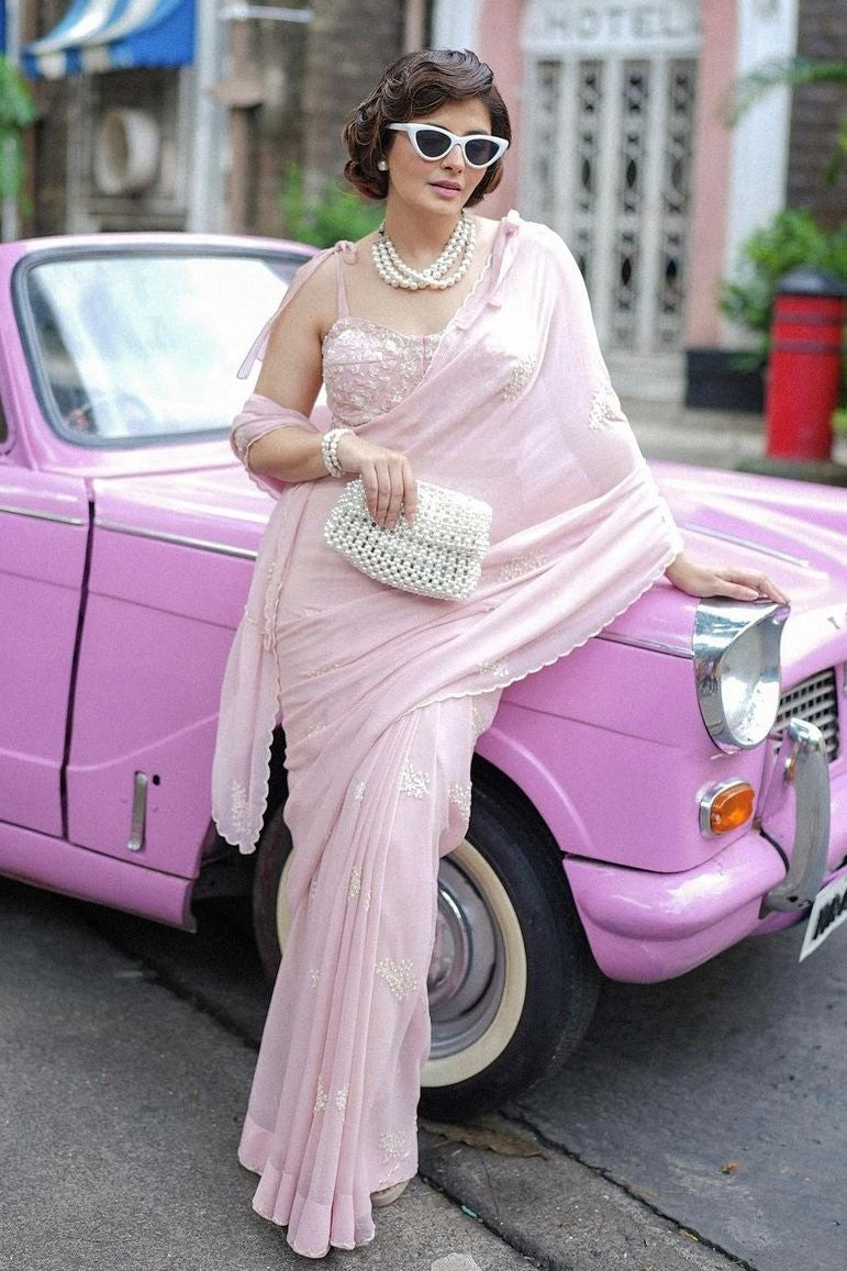 Natasha Luthra wearing Pink Dandelion Chiffon Saree and Georgette Blouse