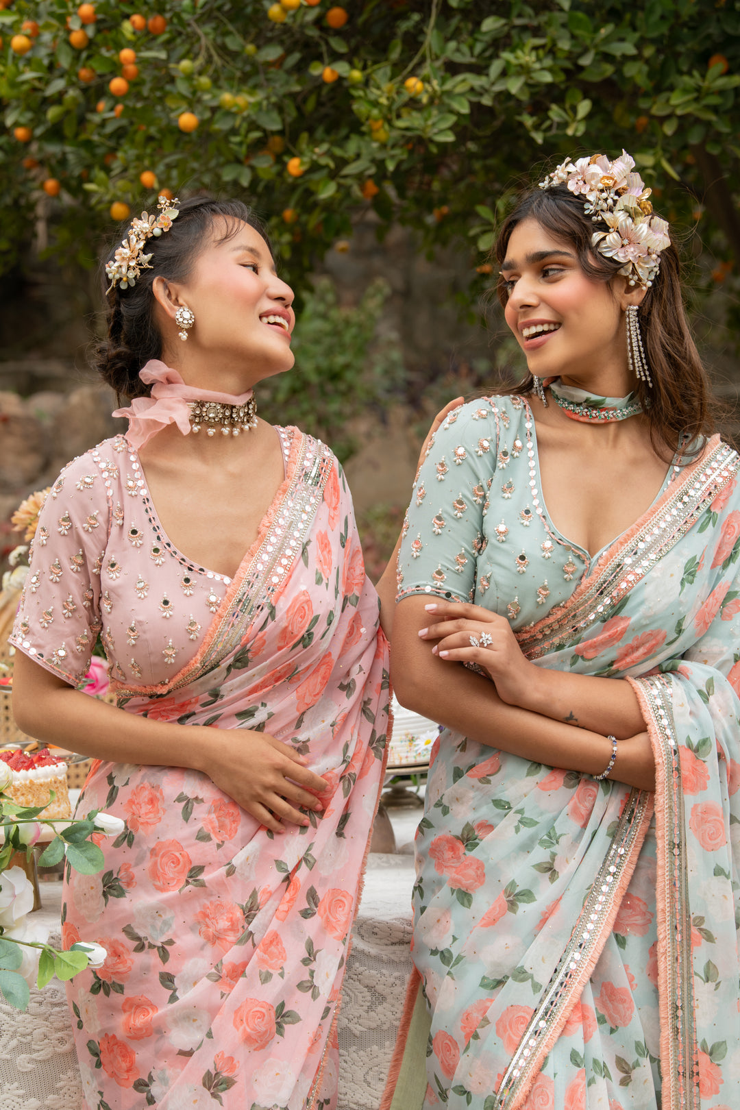 Pink Citrus Rose Mirror Border Saree