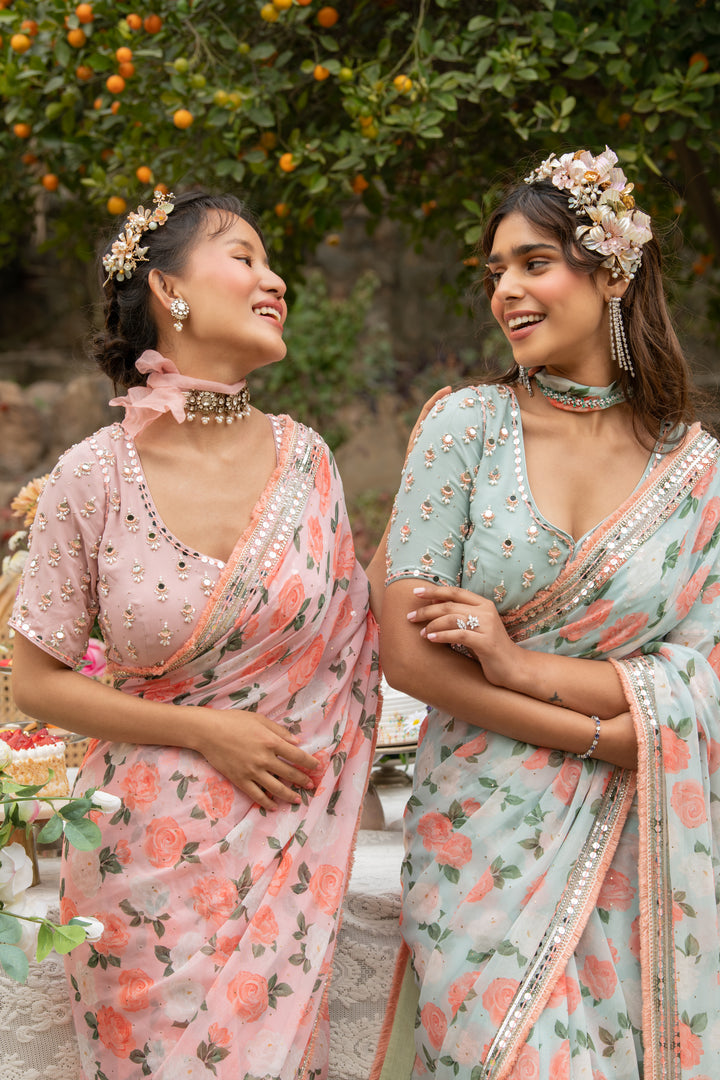 Pink Citrus Rose Mirror Border Saree