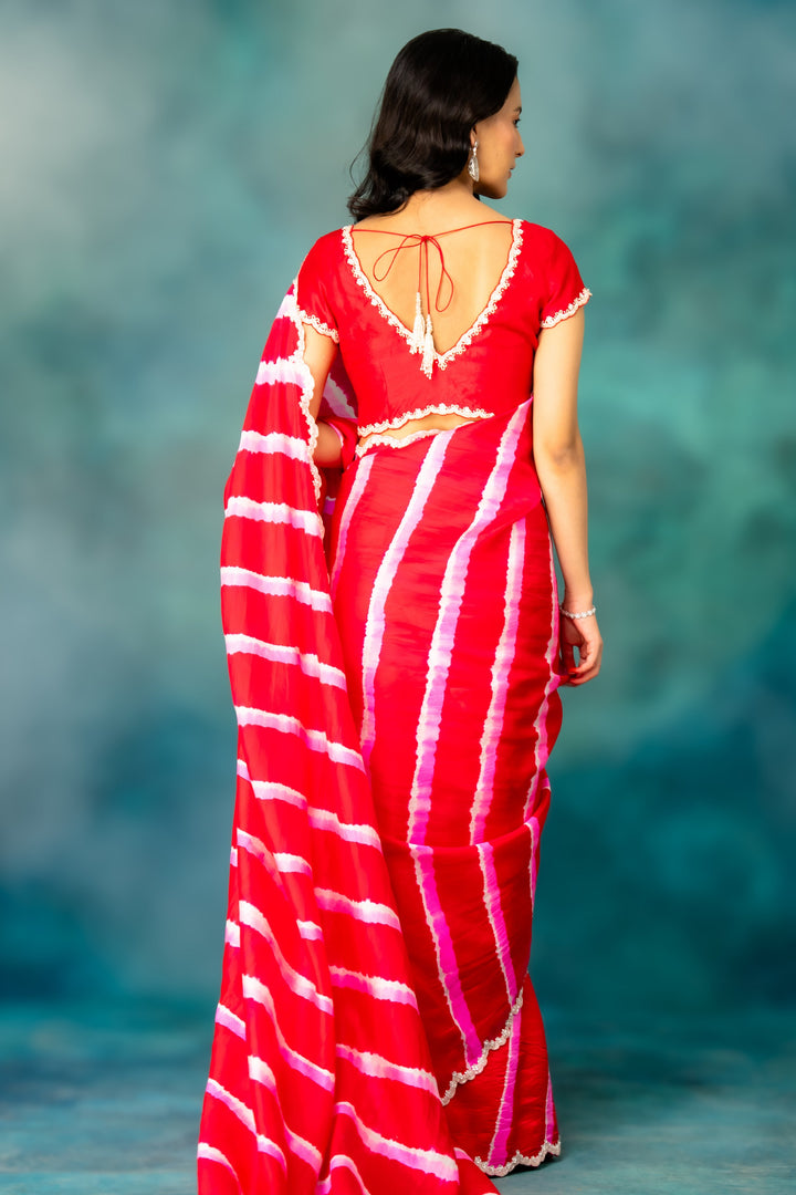 Red Adena Vine Chiffon Saree with Silk Blouse