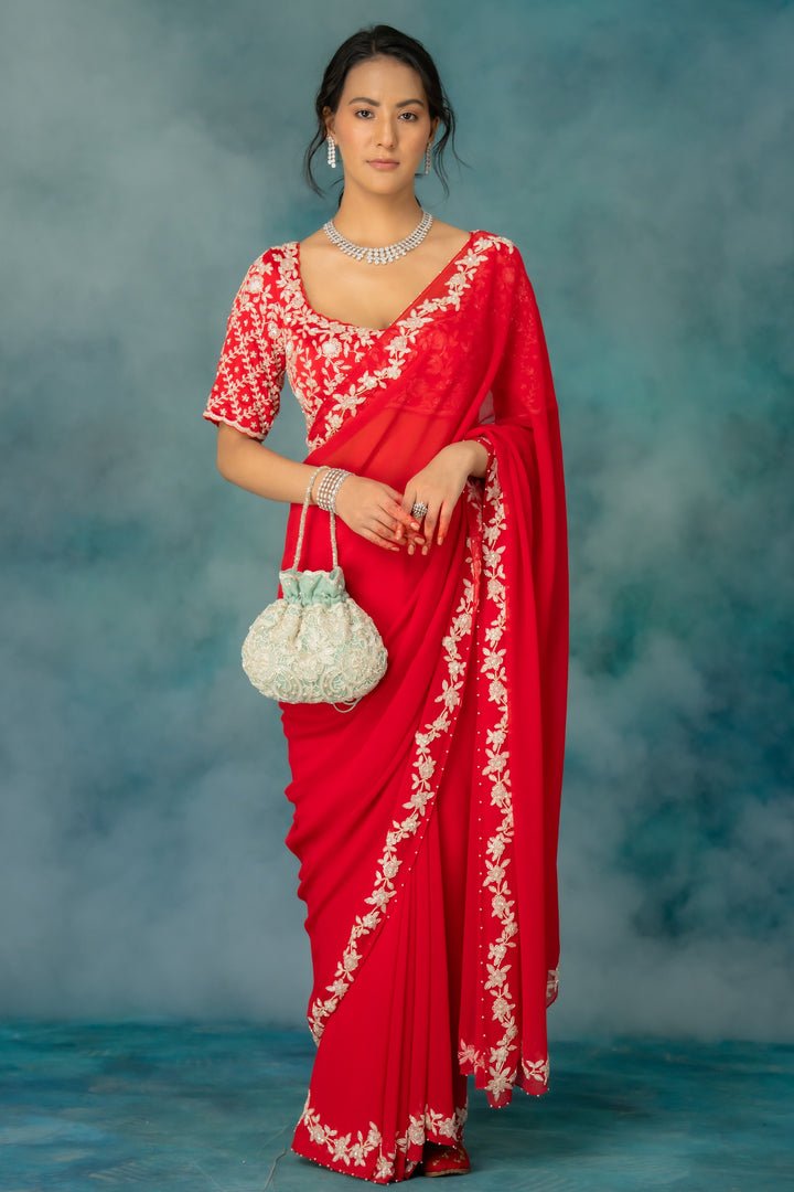 Red Adena Vine Chiffon Saree with Silk Blouse