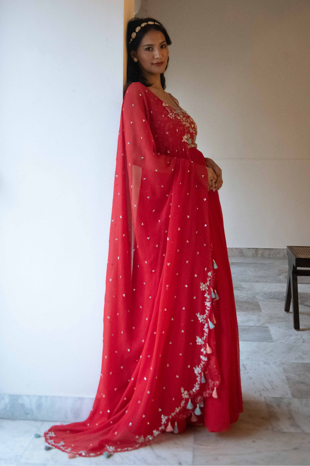 Red Sequin Scallop Saree