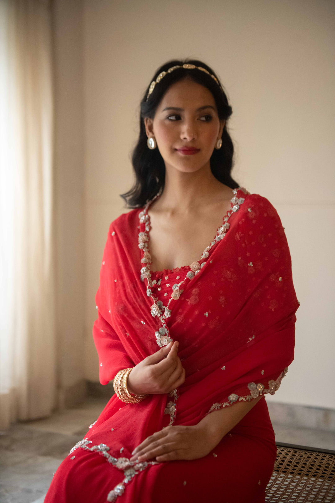 Red Sequin Scallop Saree