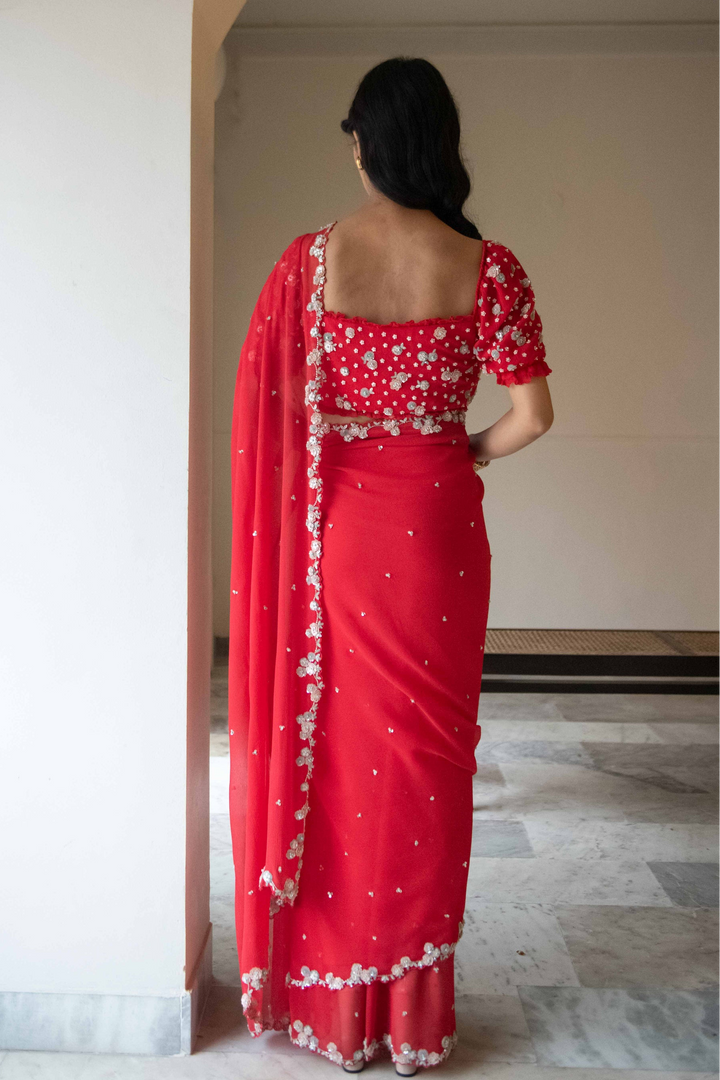 Red Sequin Scallop Saree