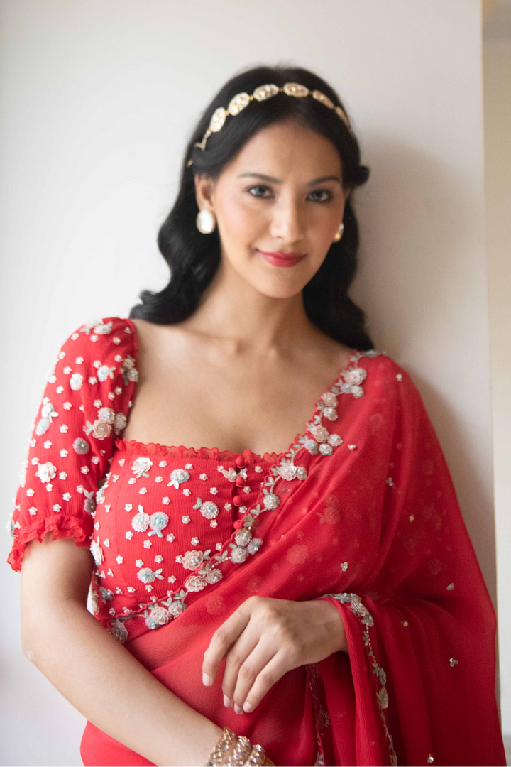 Red Sequin Scallop Saree