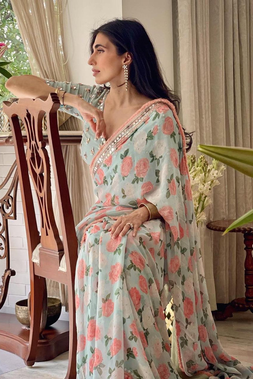 Prerna Goel Citrus Rose Mirror Border Saree