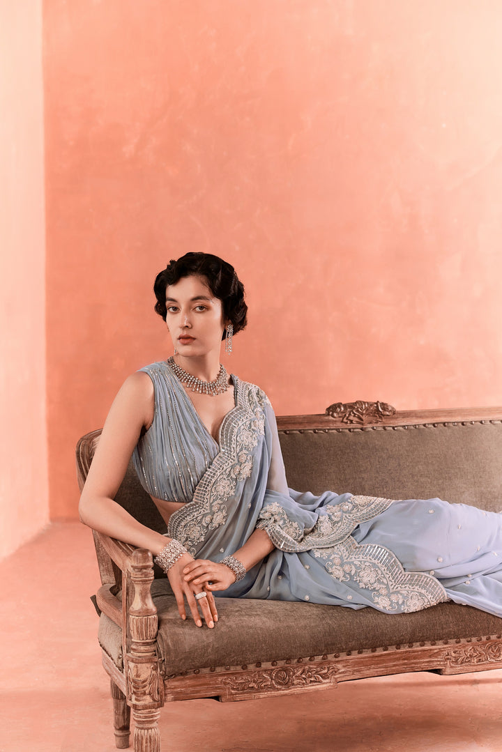 Stone Blue Adena Rays Georgette Saree and Blouse