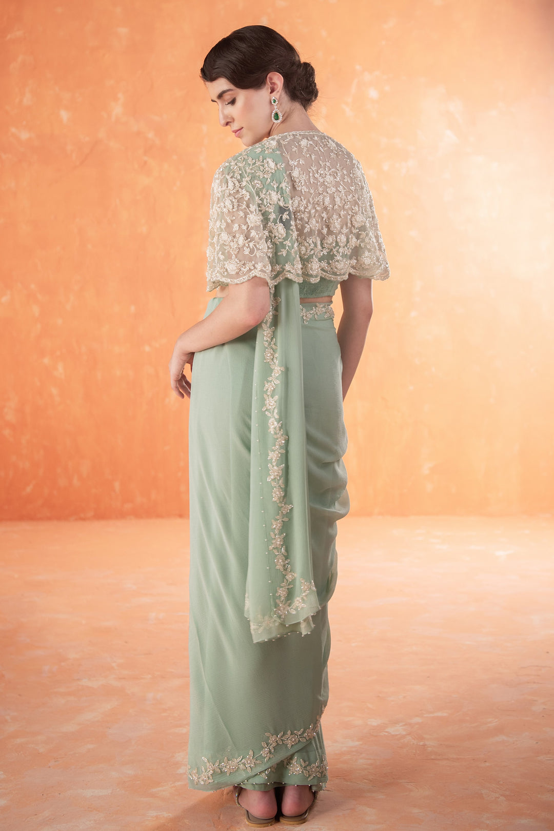 Teal Adena Poncho Chiffon Saree with Georgette and Net Blouse