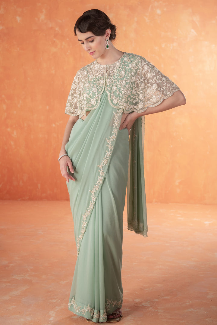 Teal Adena Poncho Chiffon Saree with Georgette and Net Blouse