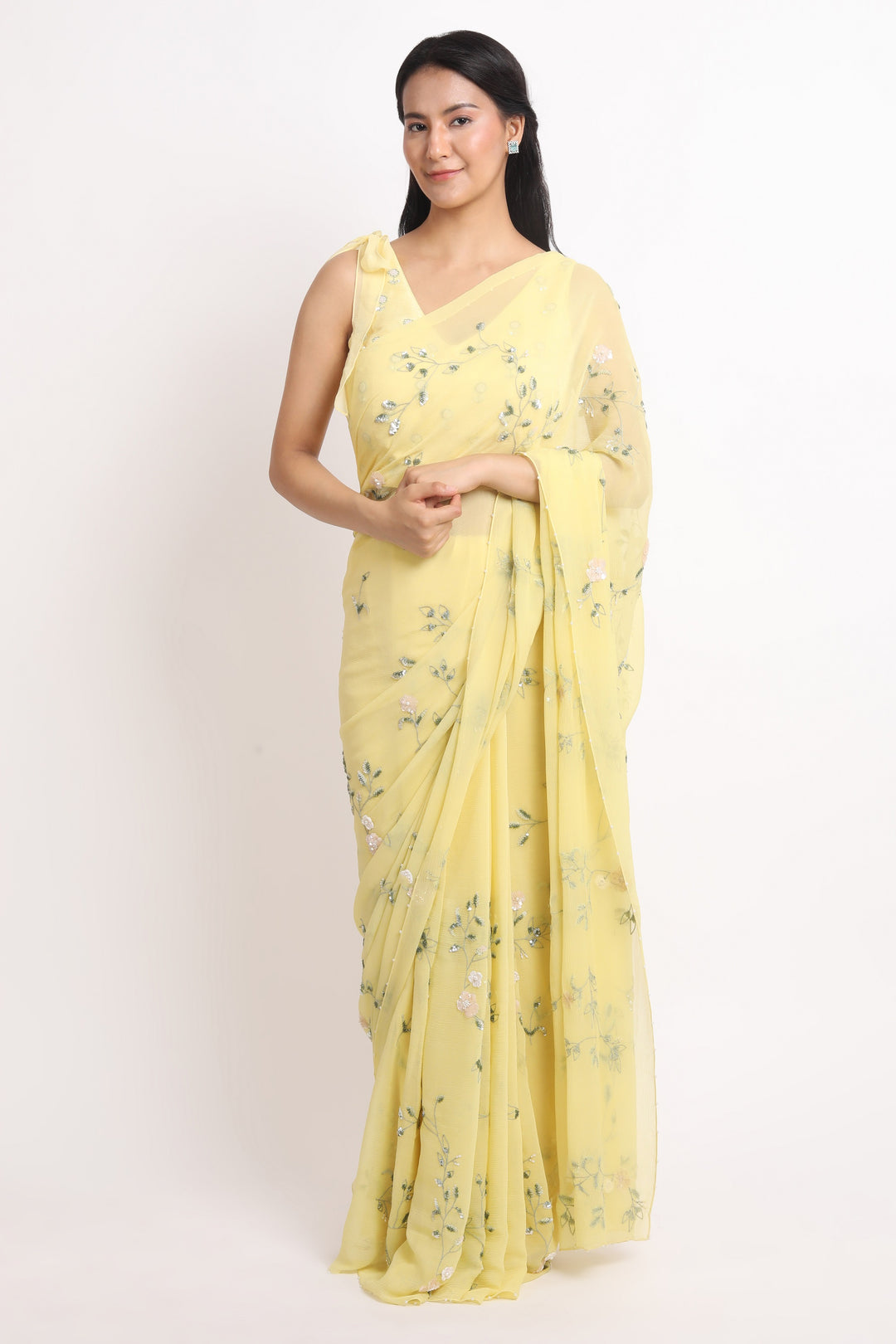 Yellow Ambar Jaal Chiffon Saree with Sequin Embroidery and Blouse