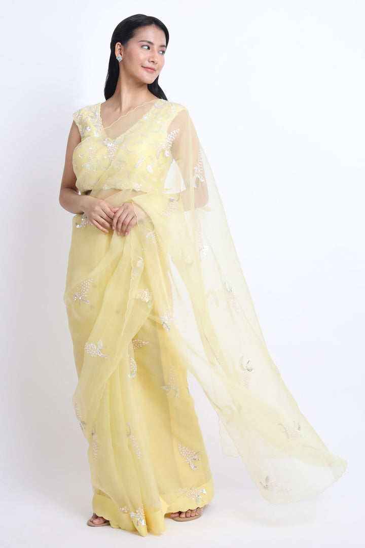 Yellow Summer Grape Organza Saree with Sequin Embroidered Blouse