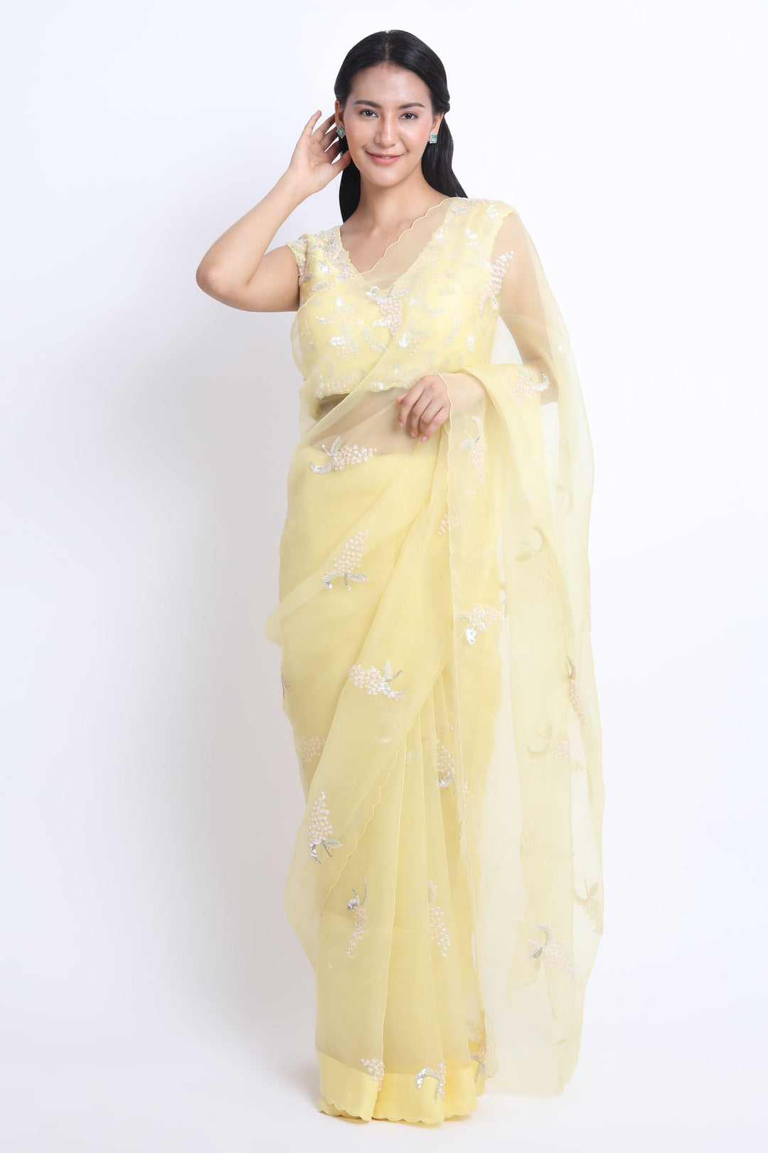 Yellow Summer Grape Organza Saree with Sequin Embroidered Blouse
