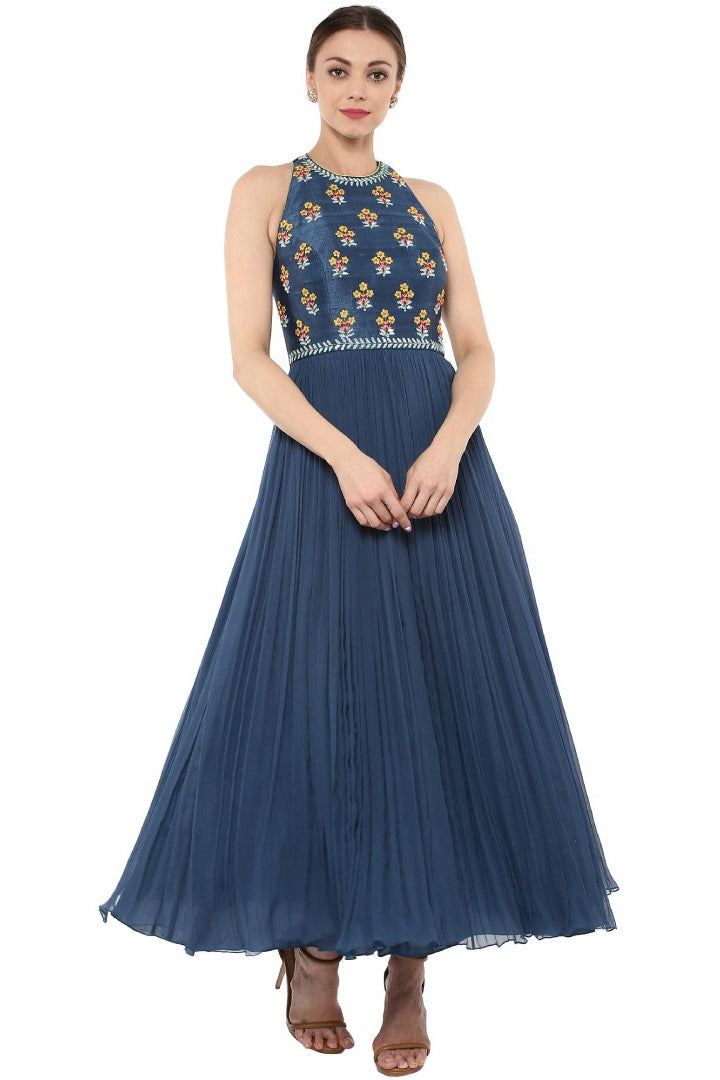 Blue Dress with 3 Flower embroidery