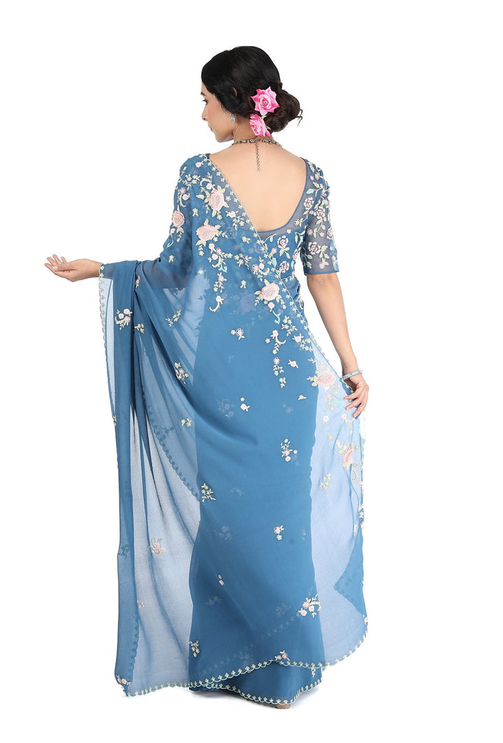 Ambar Rose Embroidered Butterflies Saree in Blue Color