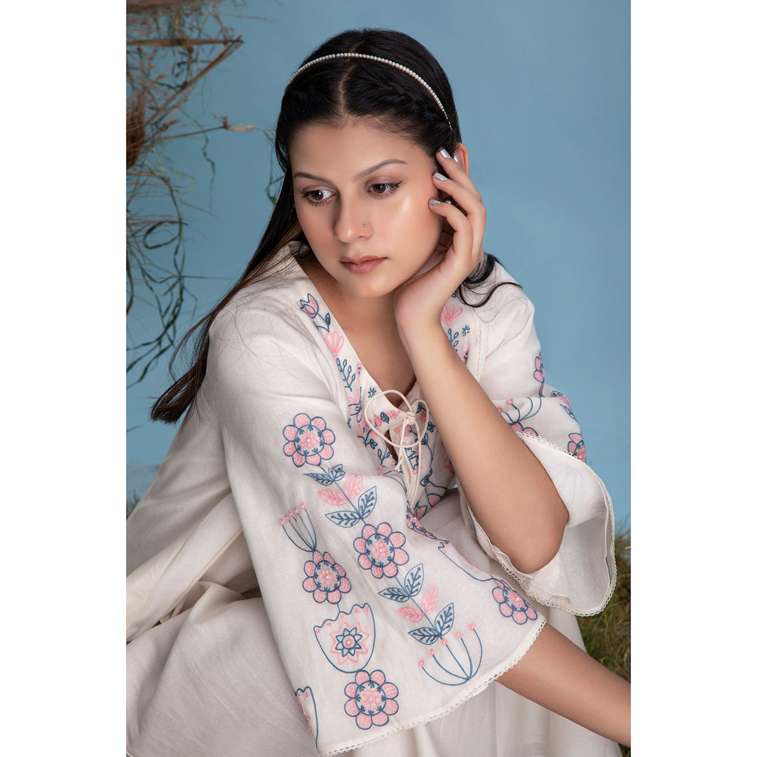 Hand Embroidered White Tunic in Chiffon  Fabric
