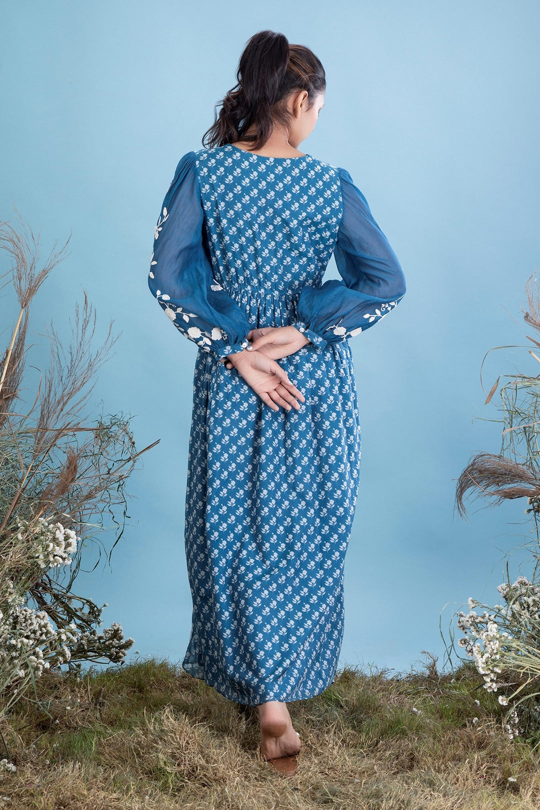 Signature Print Embroidered Long Dress