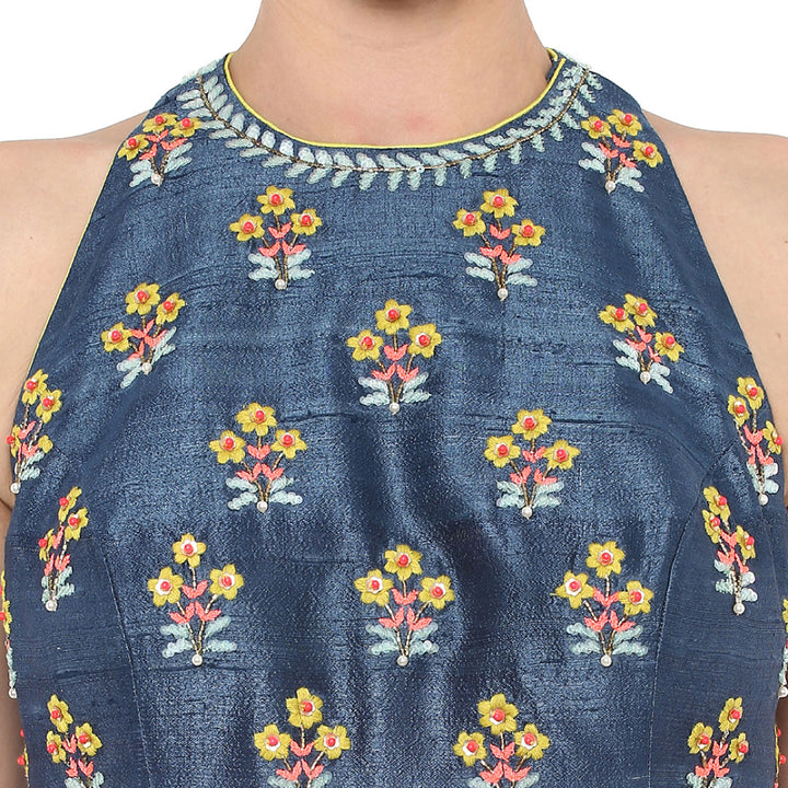Blue Dress with 3 Flower embroidered top