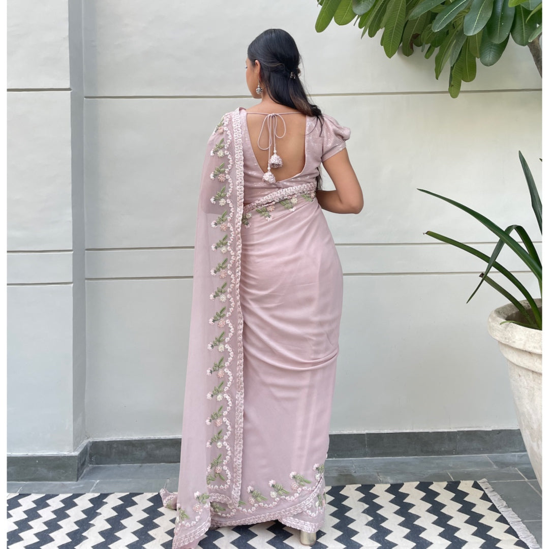 Pink Dutch Leaping Flowers Saree