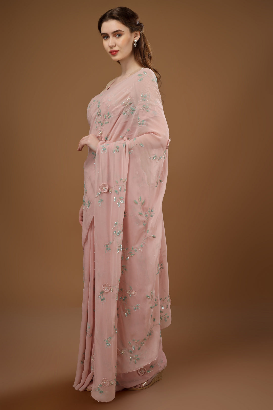 Pink Golden Ambar Sequin Sheeted Saree
