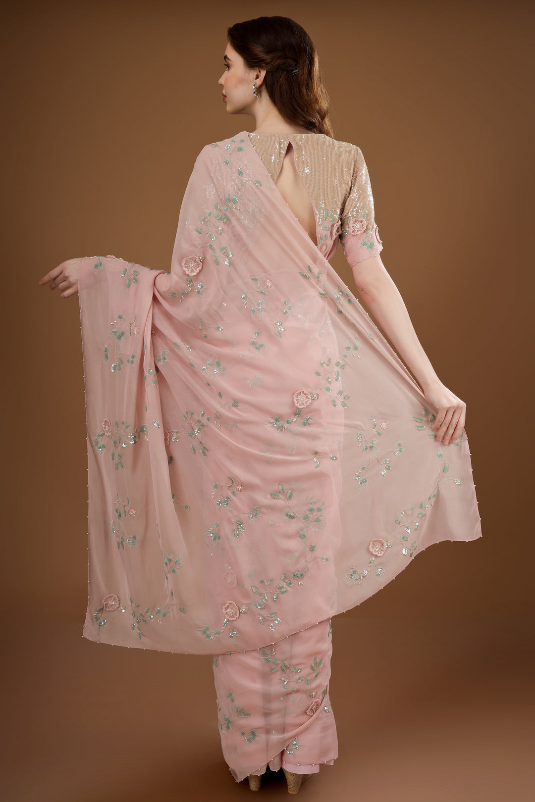 Pink Golden Ambar Sequin Sheeted Saree