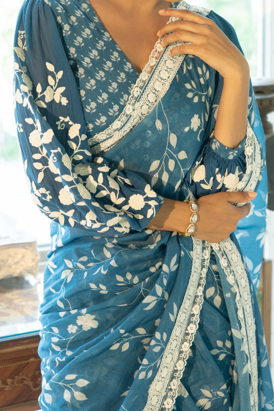 Ambar Dori Embroidered Printed Saree in Blue Color