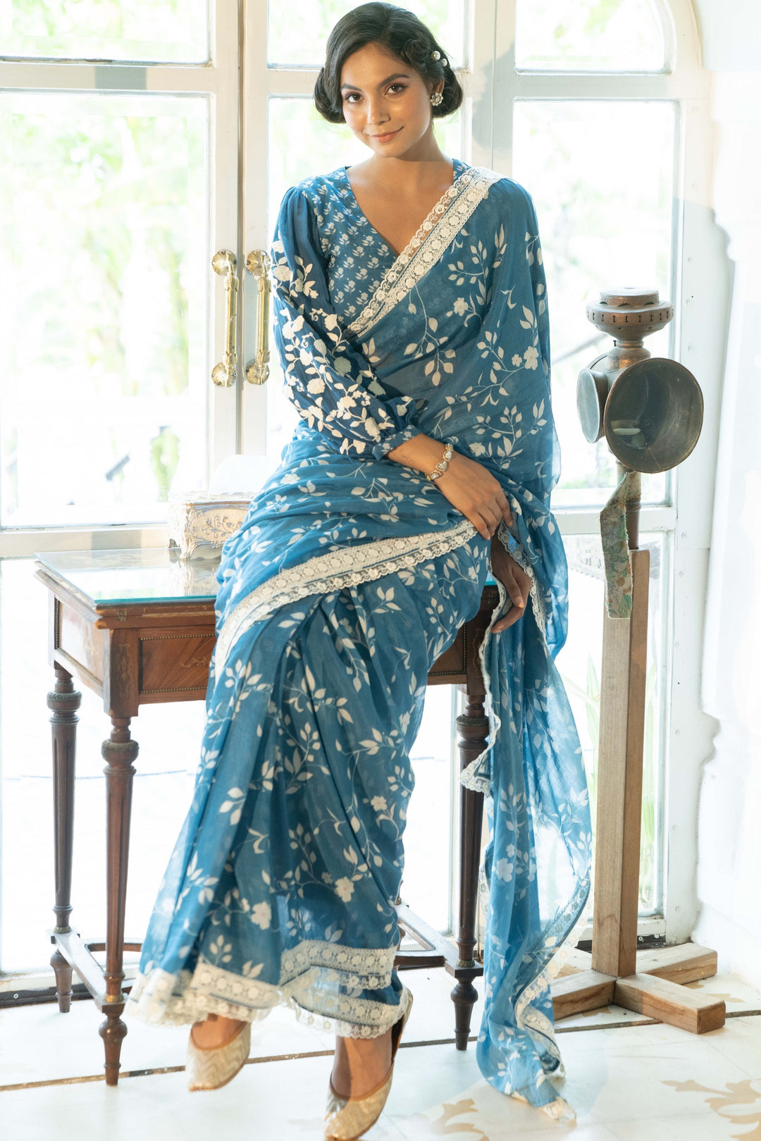 Ambar Embroidered & Printed Blue Saree