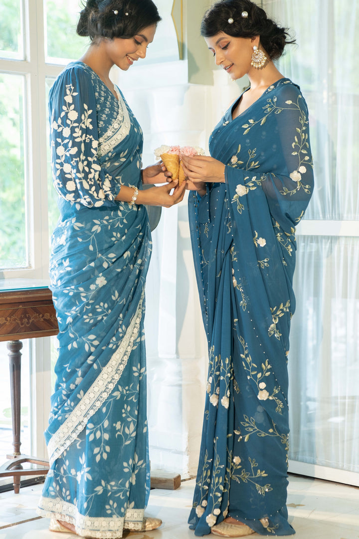 Blue Ambar Jaal Chiffon Saree with Sequin Embroidery and Blouse