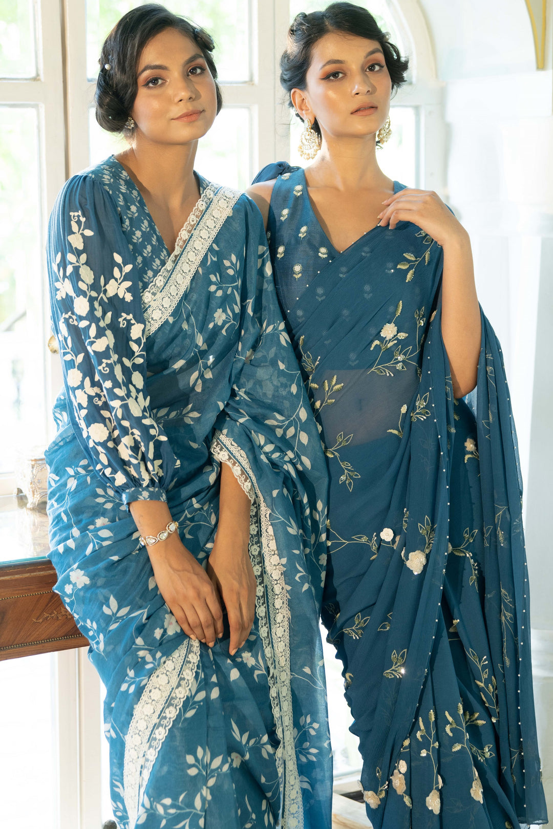 Blue Ambar Jaal Chiffon Saree with Sequin Embroidery and Blouse