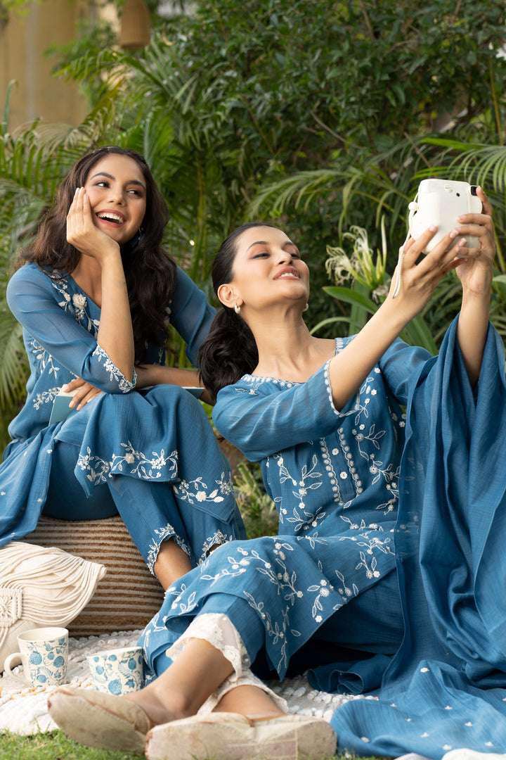 Blue Ambar Sequin Kurta Set For Women Silk Mul Hand Embroidery