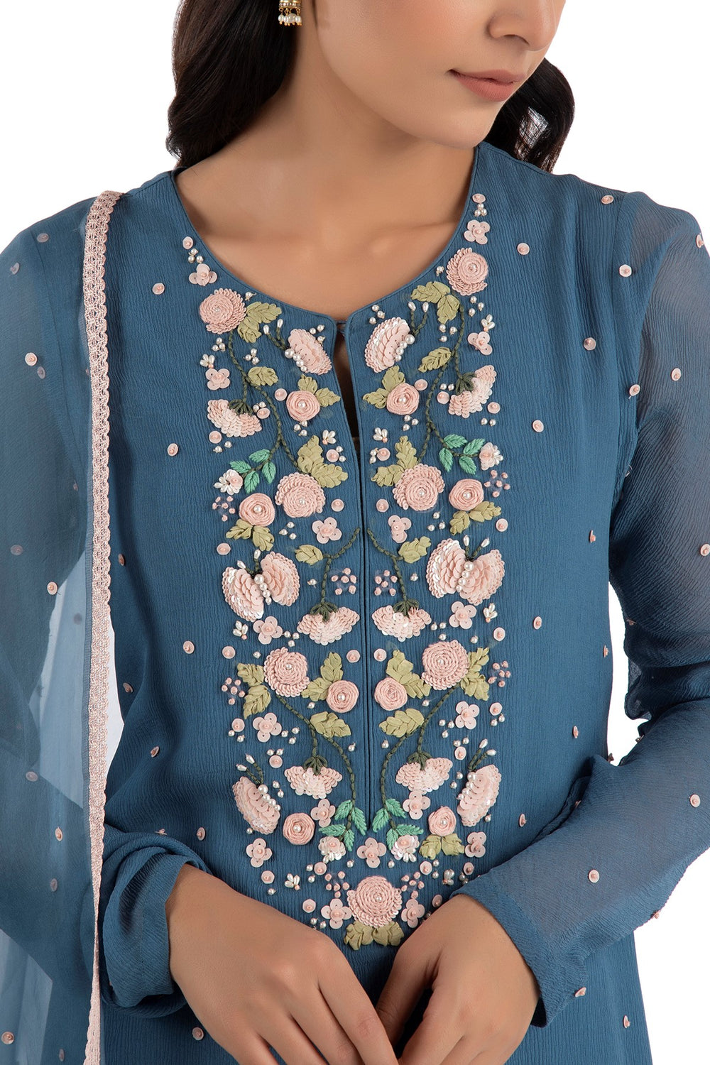 Blue Dutch Rose Sharara Set women chiffon fabric with rose embroidery