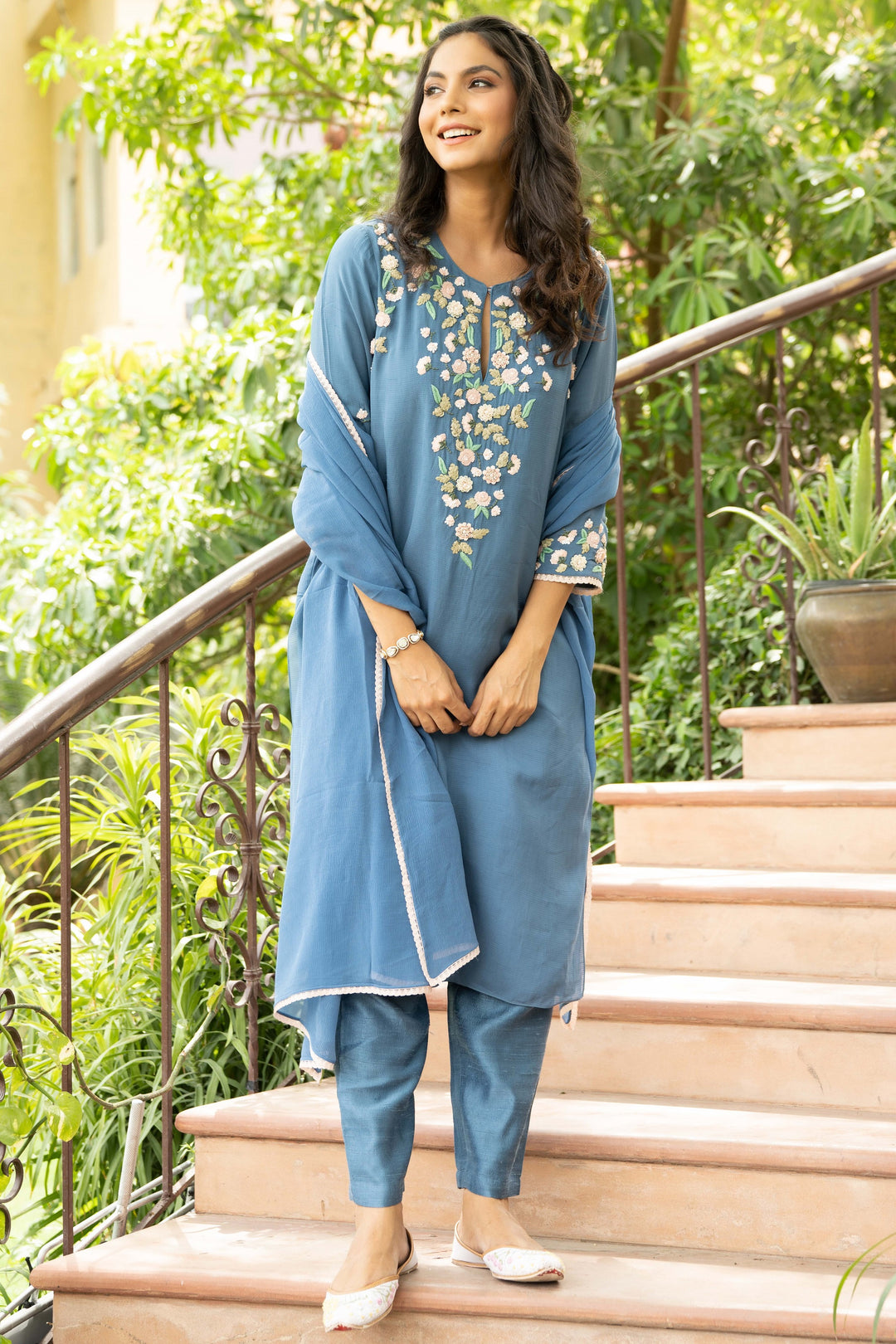 Blue Dutch Straight Kurta Set for Women Georgette Raw Silk Hand Embroidery Ribbons Anchor Beads