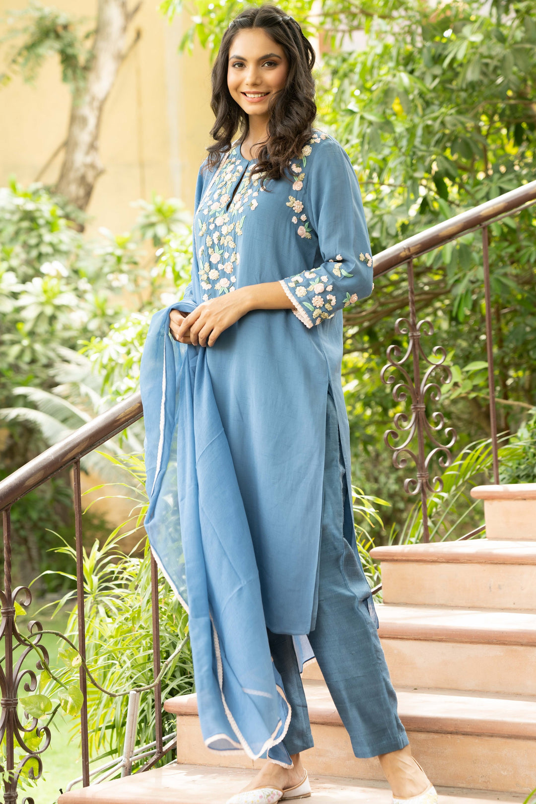 Blue Dutch Straight Kurta Set for Women Georgette Raw Silk Hand Embroidery Ribbons Anchor Beads Front View
