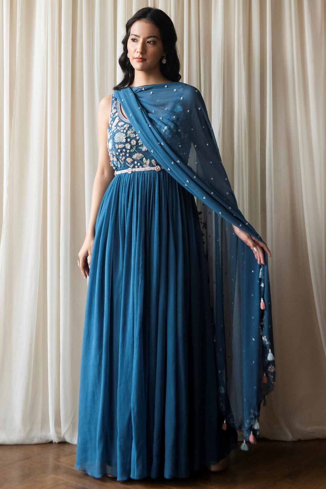 Blue Persian Anarkali Dress Chiffon Dupatta Belt