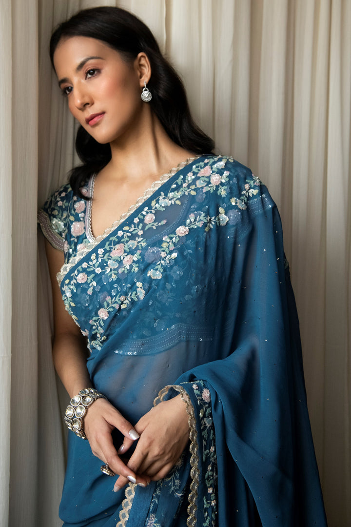 Blue Persian Double Scallop Georgette Saree with Embroidered Blouse
