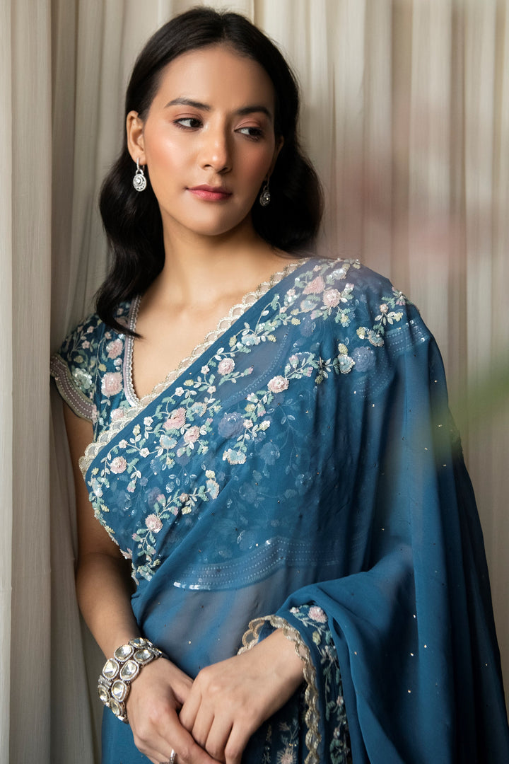 Blue Persian Double Scallop Georgette Saree with Embroidered Blouse