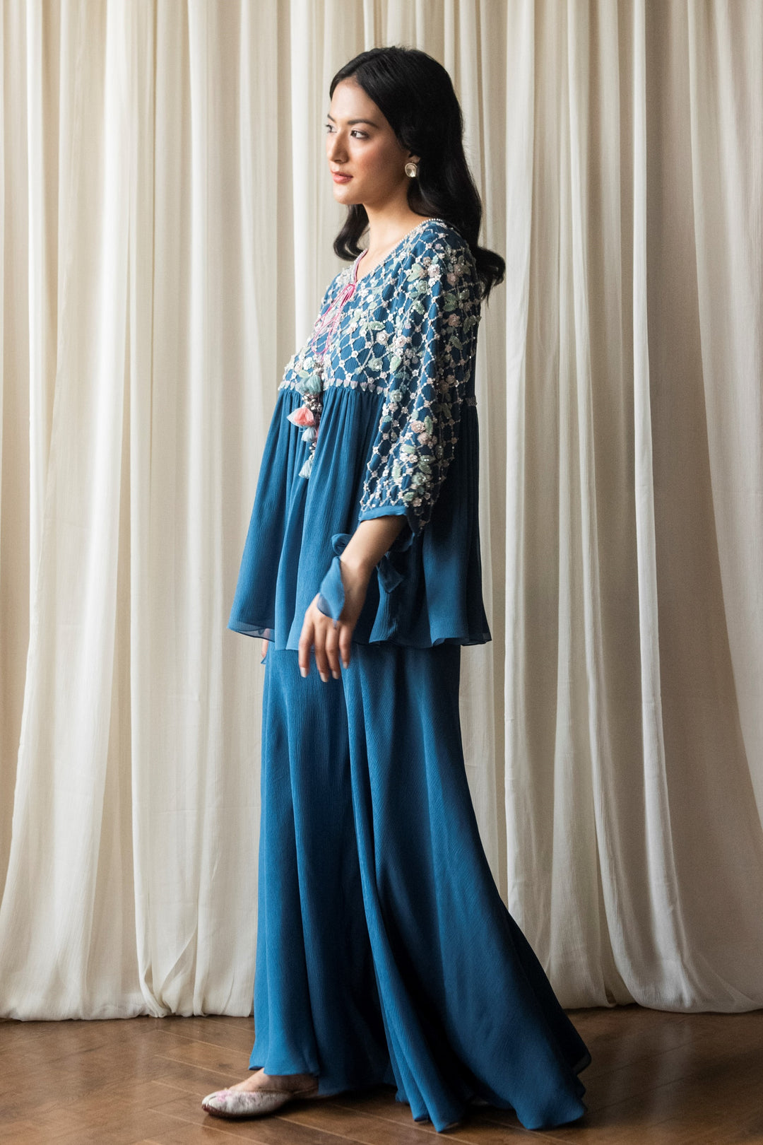 Blue Persian Garara Set Hand Embroidered Chiffon Top Garara Dupatta Side View