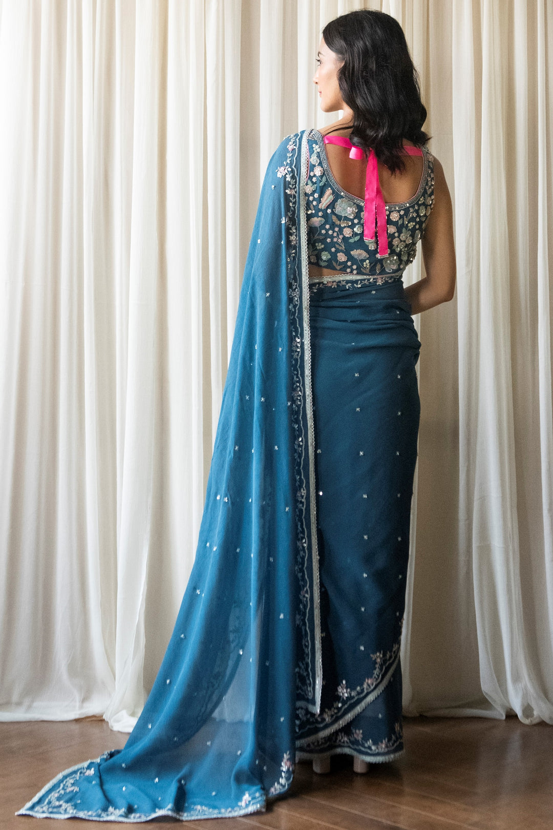 Blue Persian Garden Chiffon Saree with Embroidered Blouse