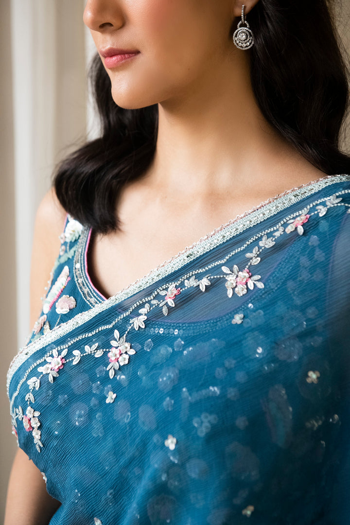 Blue Persian Garden Chiffon Saree with Embroidered Blouse