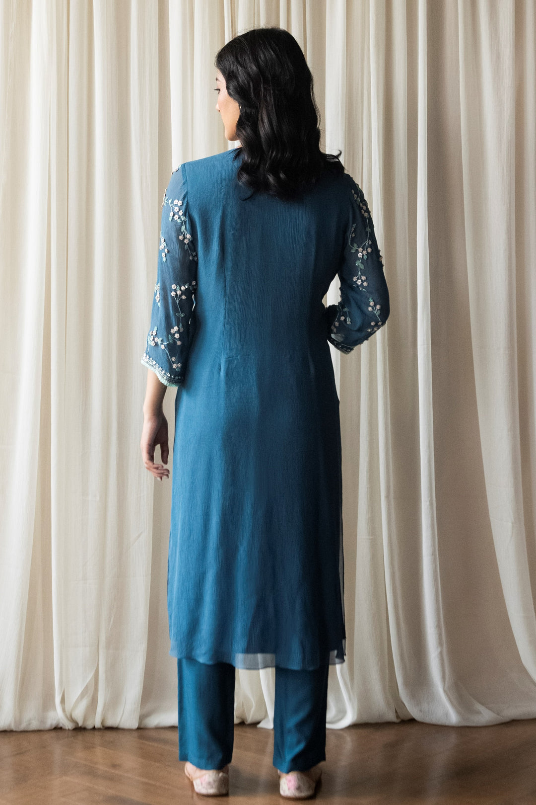 Back View of Blue Persian Straight Kurta Set chiffon kurta pants cotton chiffon dupatta