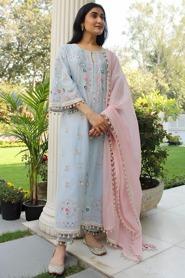 Blue Raqeeb Kurta Set for women silk mul fabric