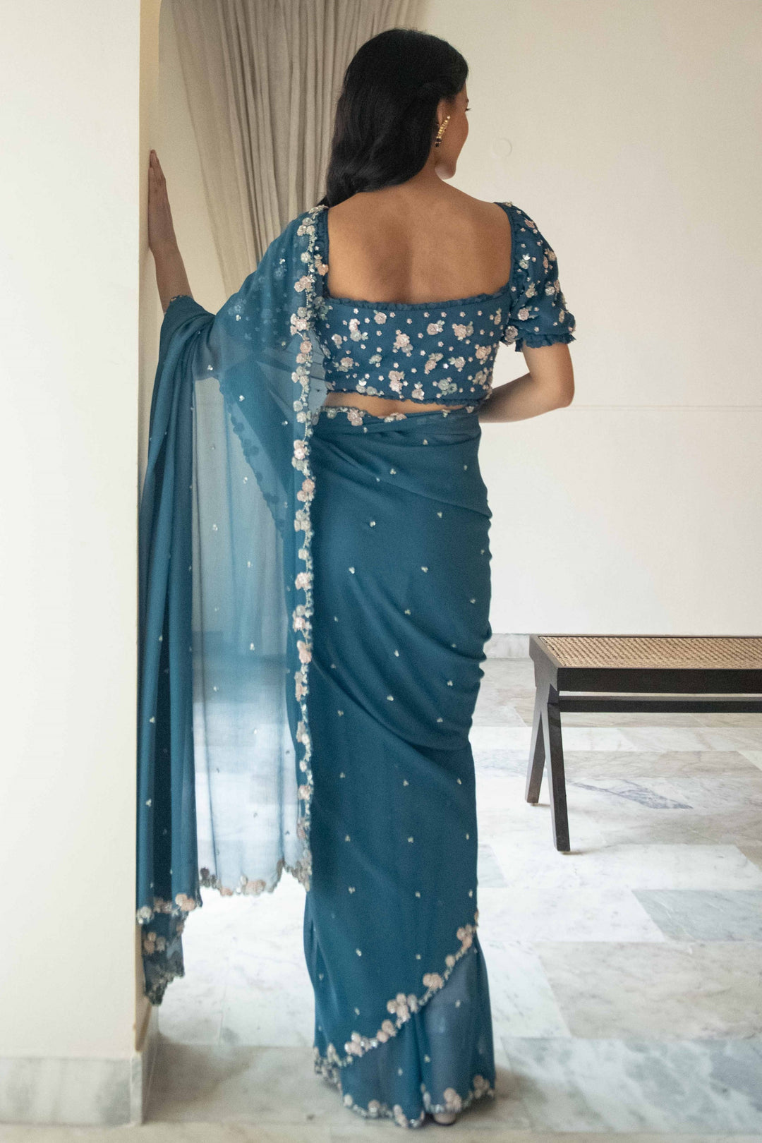 Blue Sequin Scallop Chiffon Saree with Hand-Embroidered Blouse
