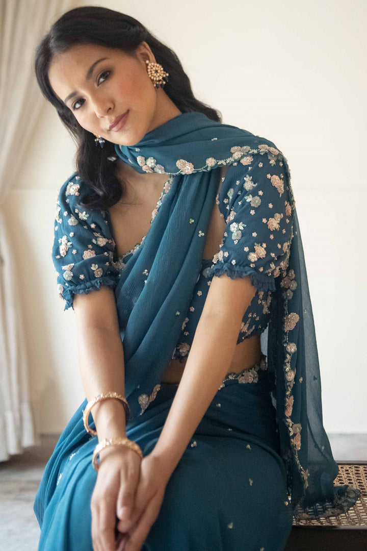 Blue Sequin Scallop Chiffon Saree with Hand Embroidered Blouse