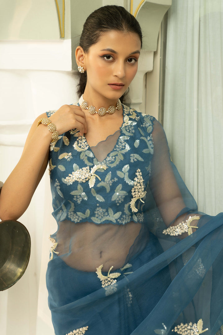 Blue Summer Grape Organza Saree with Sequin Embroidered Blouse