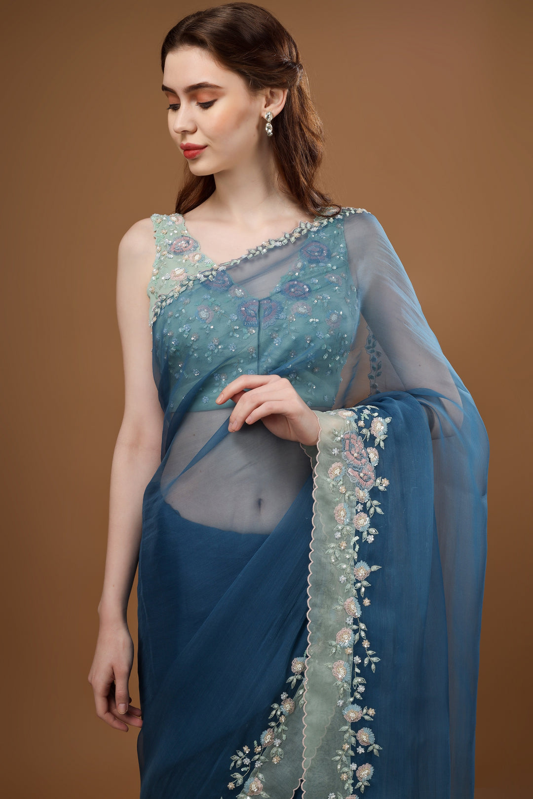 Blue Winter Garden Patch Saree With Georgette Embroidered Blouse