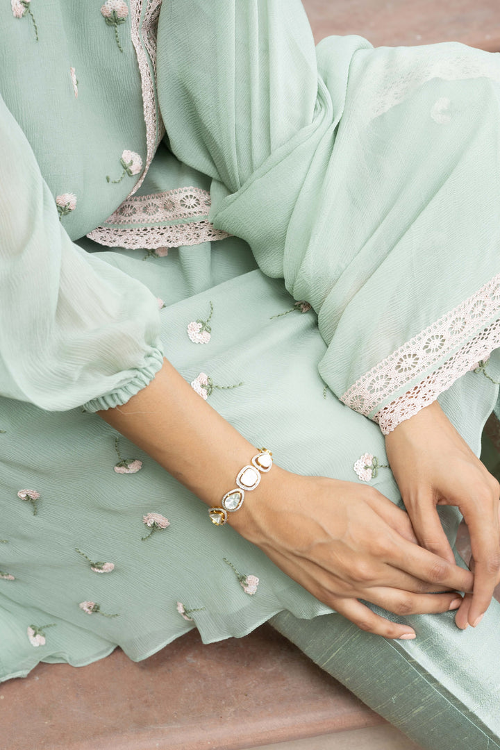 Dutch Falling Flower Kurta Set for Women chiffon sage green sequin hand embroidery Close up