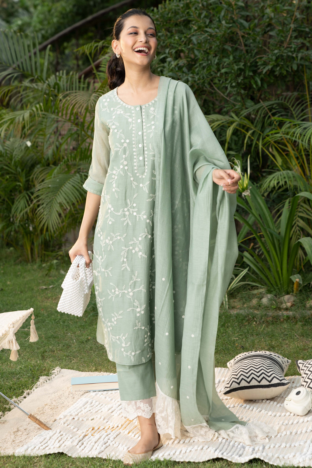 Green Ambar Chikan Kurta Set silk mul hand embroidery