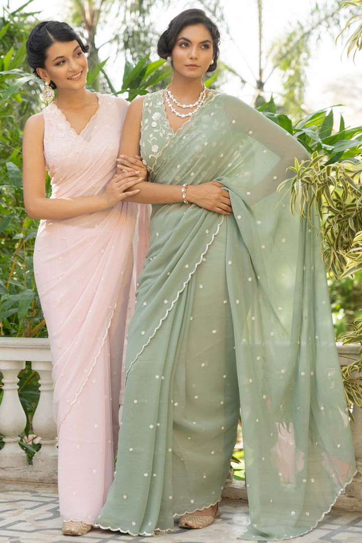Green Ambar Scallop Georgette Saree with Embroidered Blouse
