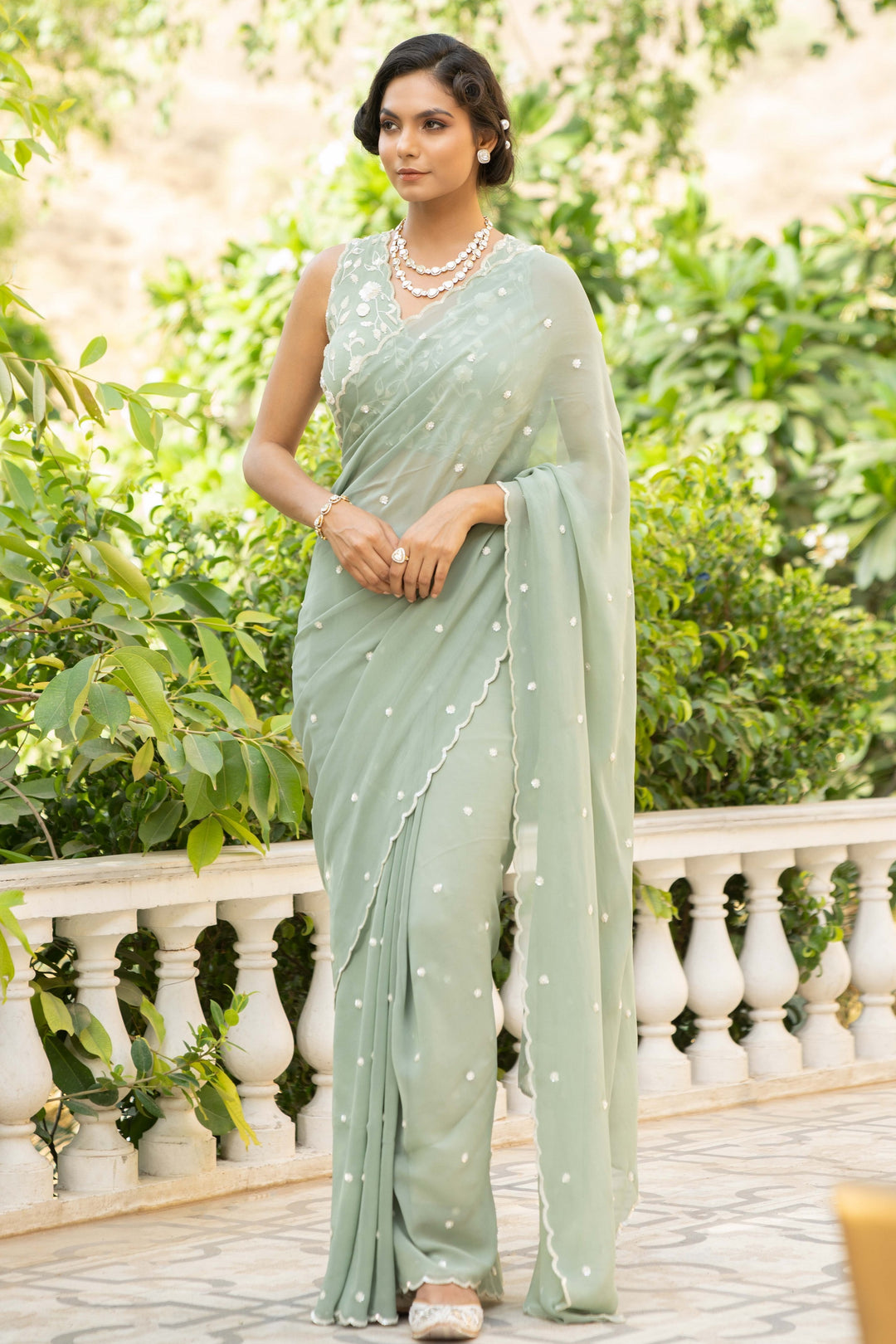 Green Ambar Scallop Georgette Saree with Embroidered Blouse